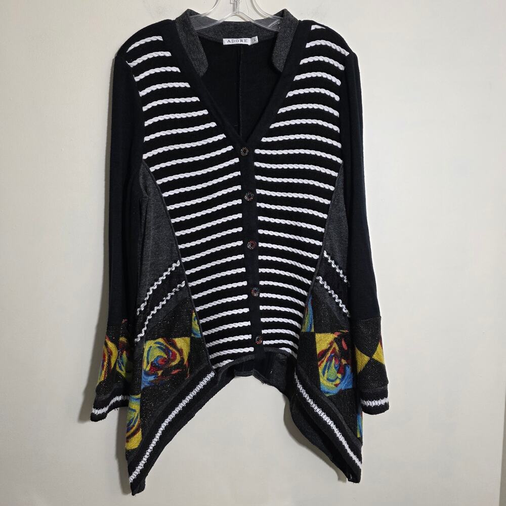 Adore asymmetrical striped wide‎ colorful metallic sleeve button sweater woman L